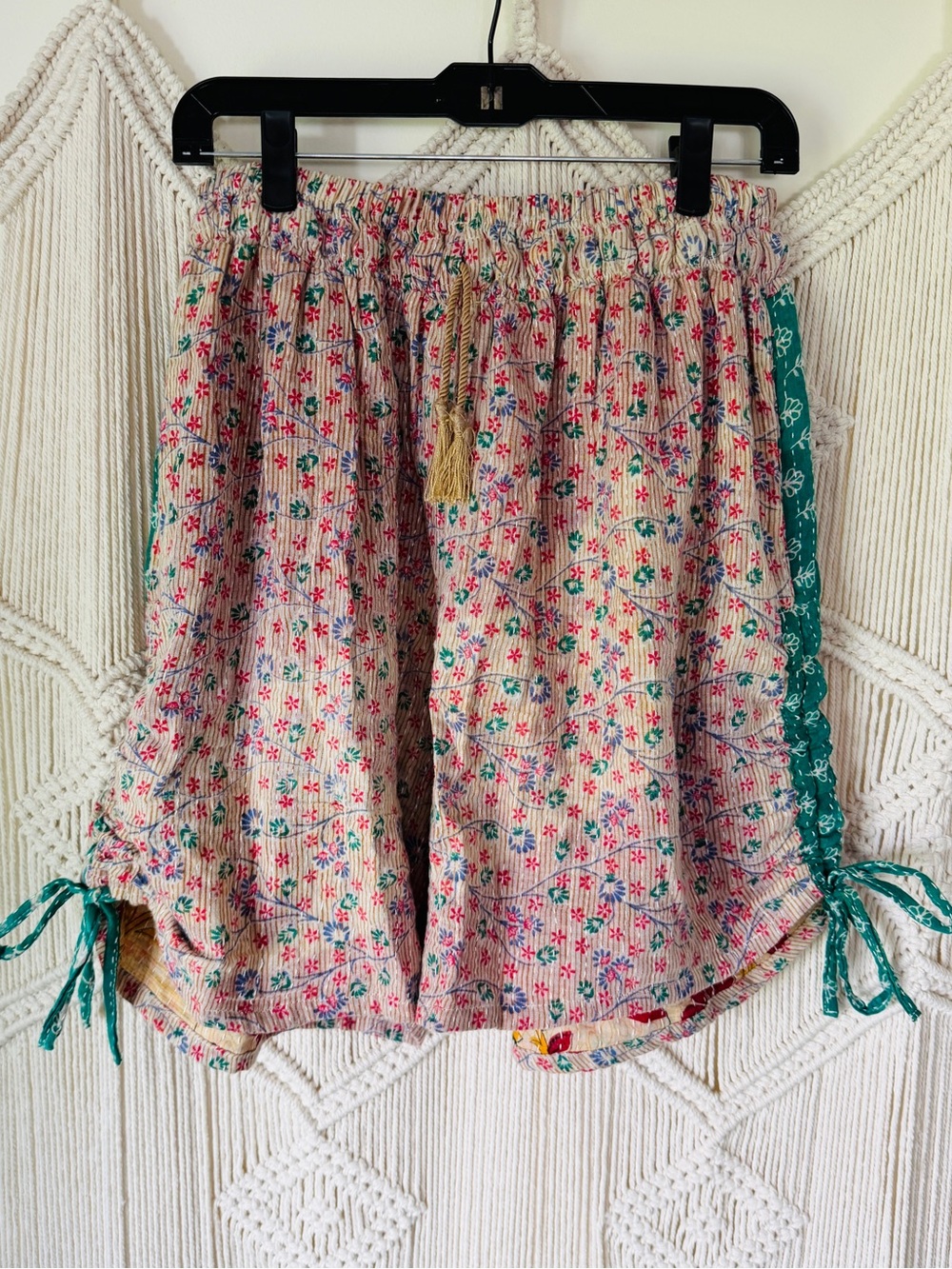 Kantha Bae Vintage Sari Cotton Floral Pastels Butterfly Cinch Shorts OS EUC